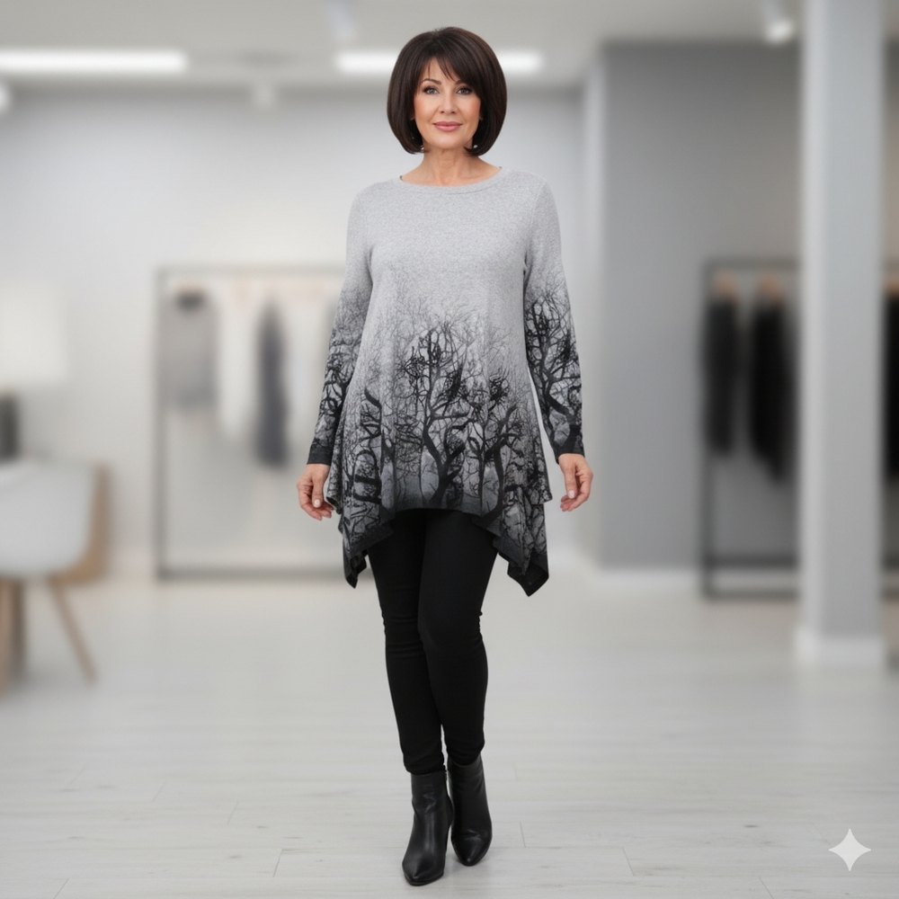 Orange Fashion Village Grey Black Forrest Trees Womens L  / XL Knit Tunic Top